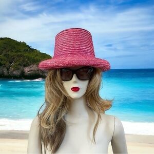 Vintage Bucket Hat BETMAR Hot Pink Straw Hat Women Beach Hat Sun Protection Hat